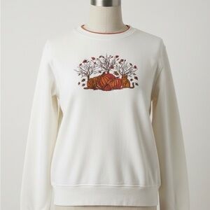 Embroidered White Sweater with Autumn Design